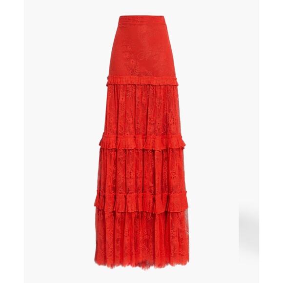 Alexis Yedda Tiered Pleated Chantilly Lace Maxi Skirt Red - Picture 2 of 5